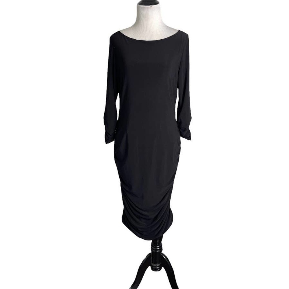 Joseph Ribkoff 12 Black Stretch Knit 3/4 Sleeve Ruched Side and Back Dress